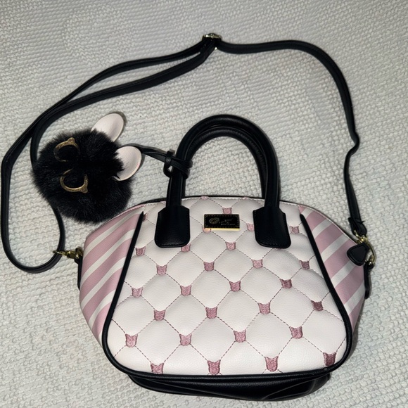 Betsey Johnson Pink and Cream Quilted Satchel with Playful Charm - Picture 2 of 6